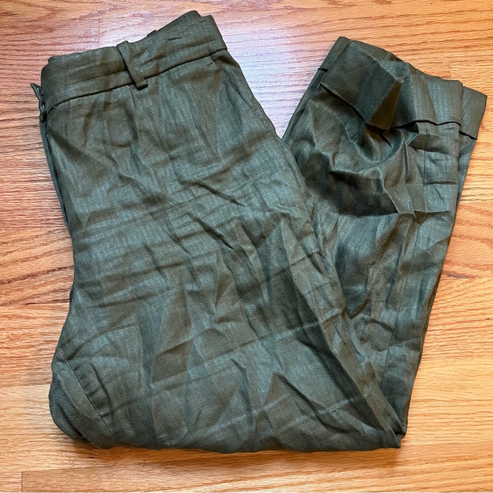 J. Crew Rhodes Cuff Hem Linen Pants in olive green size 10
